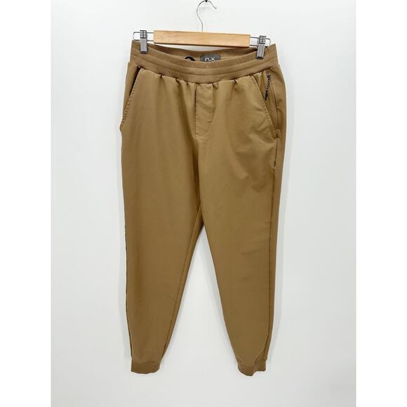 FLX Khaki Tan Elastic Waist Drawstring Zippered Pocket Jogger Pants Men Small - Picture 1 of 6